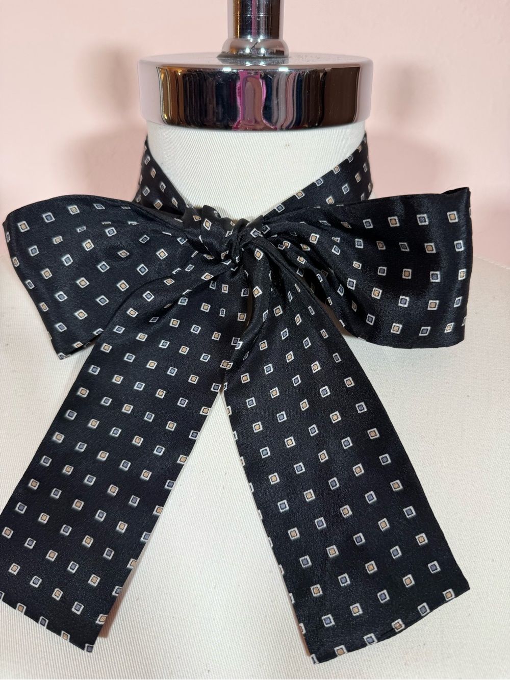 Vintage specialty House Black polka dot Silk bow neck scarf Twilly